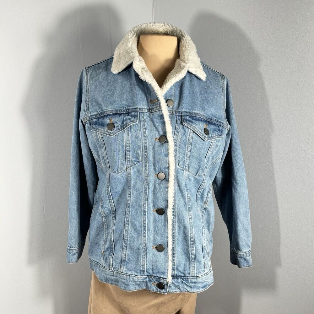 Asos Sz 2 Oversized Sherpa Neckline Faux Fur Trucker Jean Borg Denim Jacket